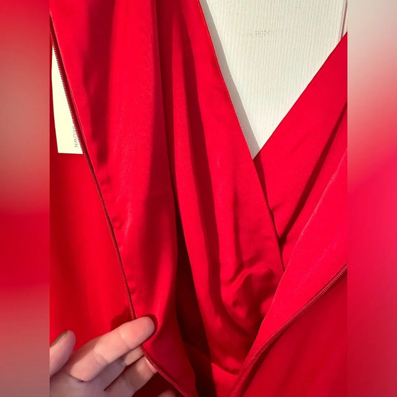 LAVENDER BROWN Med 100% Silk RED Faux Wrap Long Sleeve Midi Holiday Party Xmas - Picture 7 of 13